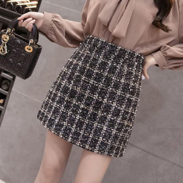

2021 women autumn winter casual woolen mini faldas lady sweet plaid a-line high waist skirt female vintage loose slim skirt g244, Black