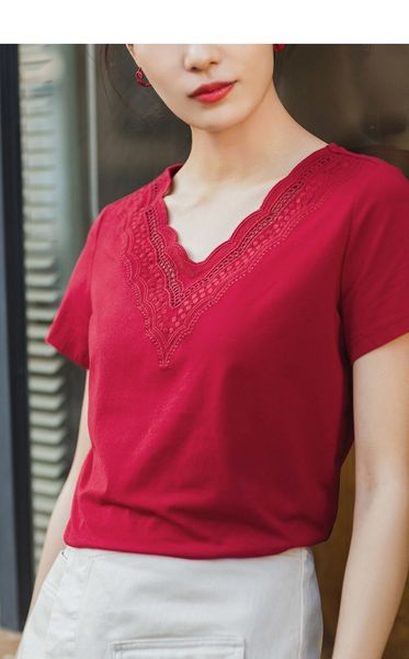 

jjzmk short lacelace lacesleeve hollow women's loose 2020 wear summer new t-shirt lace blouse v-neck solid colorslim and versatile xo, White