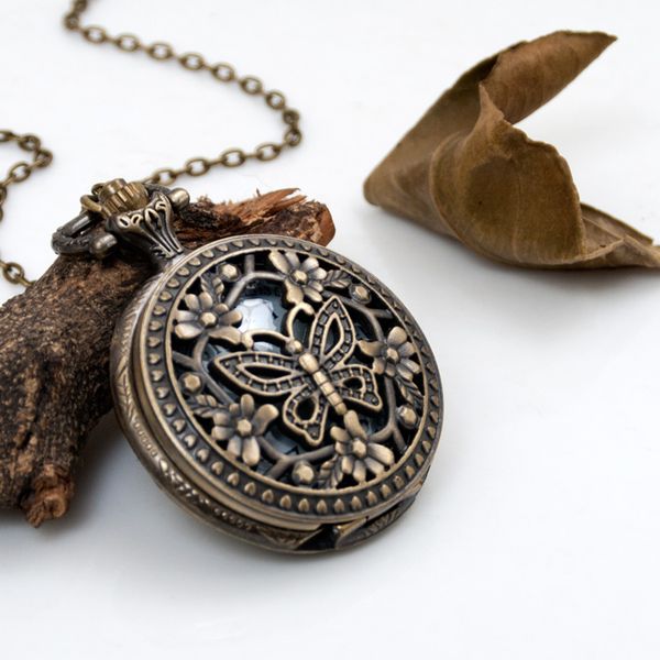 

middle hollow out new fashion butterfly quartz pocket watch necklace retro ornaments wholesale korean sweater chain fashion hanging watch, Slivery;golden