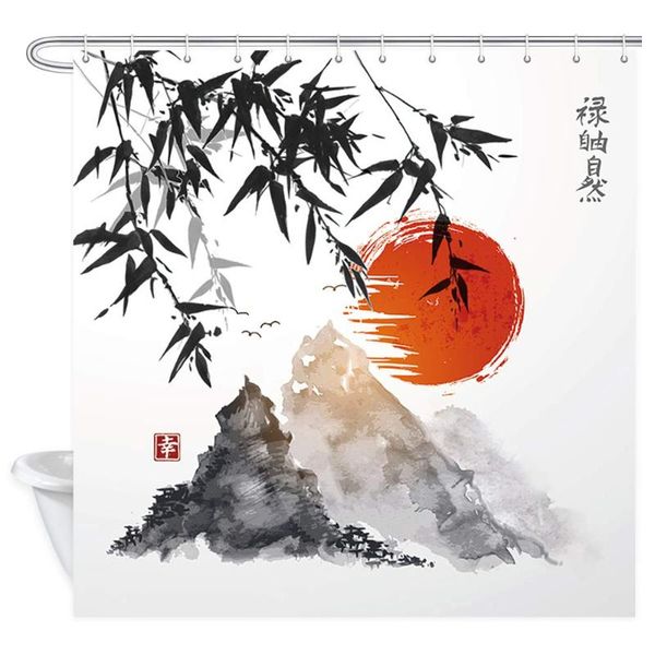

japanese bamboo trees sun and mountains bath curtain polyester fabric waterproof red