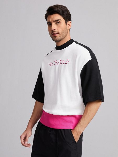 

x unsuitable men mock neck colorblock geo print drop shoulder tee w5cg#, White;black
