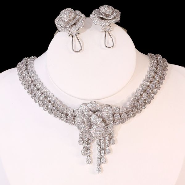 

luxury jewelry set retro necklace three-dimensional rose crystal necklace zirconia bridal wedding accessories, White