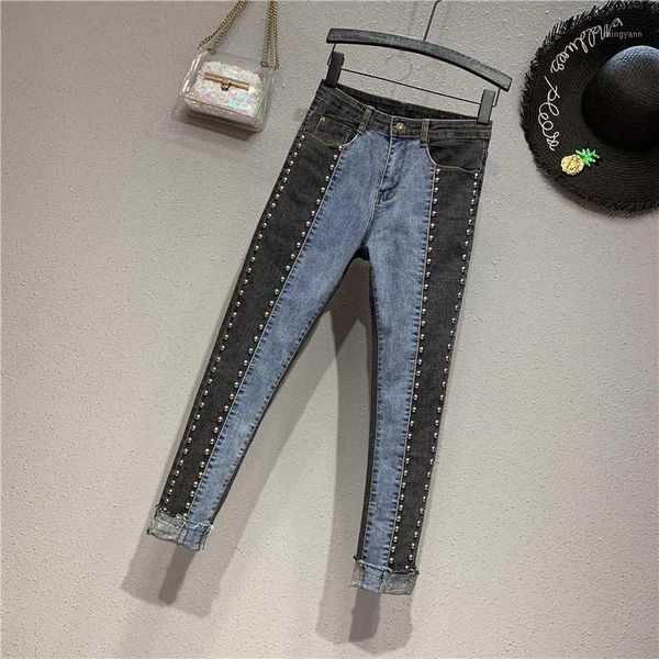 

european fashion heavy bead color matching jeans women tight summer autumn new skinny pencil pants rivet jeans female lady1, Blue