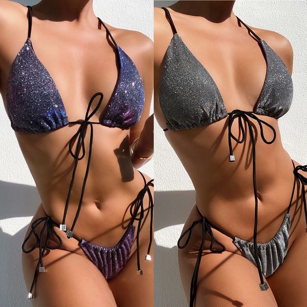 2021 Sexy Gradient Bling Bikini Maiô Feminino Maiô Shinnin Bandagem Push Up Maiô Vestuário de Praia de Verão