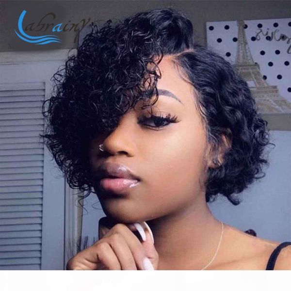 

hd water wave bob pixie cut 13x4 lace closure wig lace front human hair wig culy pre plucked glueless for black women, Black;brown