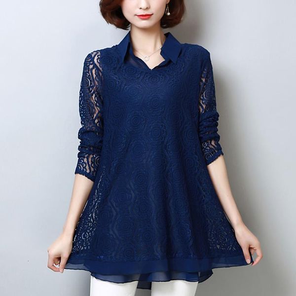 

plus size 5xl lace blouse fashion women's blouses shirt 2019 spring new chiffon loose long sleeve two sets shirts ladies 908h3, White