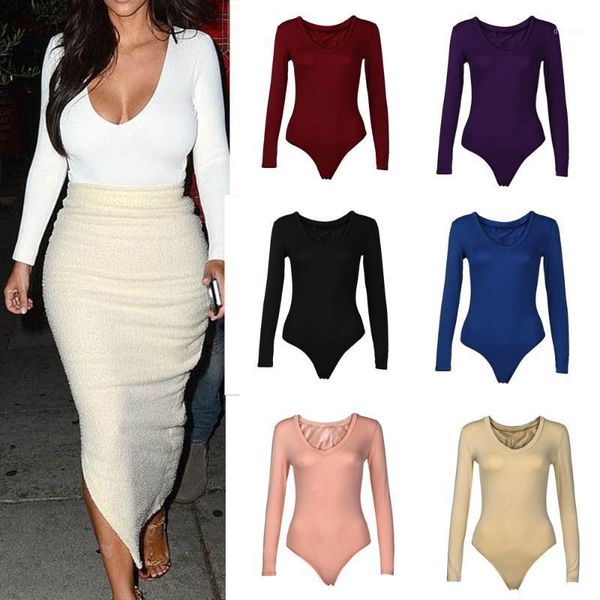 

women fashion solid v-neck stretch long sleeves plunge leotard one piece bodysuits black white red body feminino1