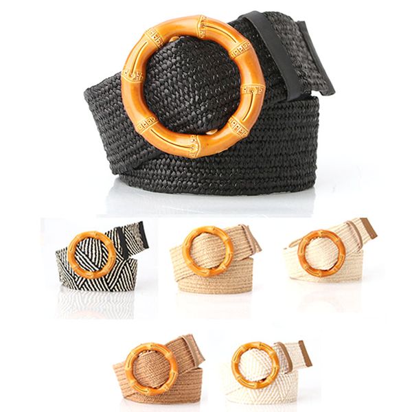 

elastic braided waist belt for women summer woven female square wooded buckle straw wide belts vintage dresses waistband bamboo, Black;brown