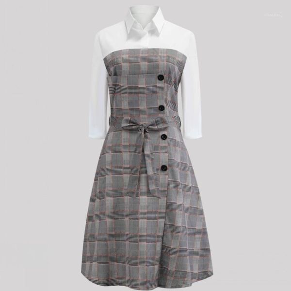 

casual dresses women spring vintage button plaid print patchwork shirt 2021 turn-down collar 3/4 sleeved dress female vestidos1, Black;gray