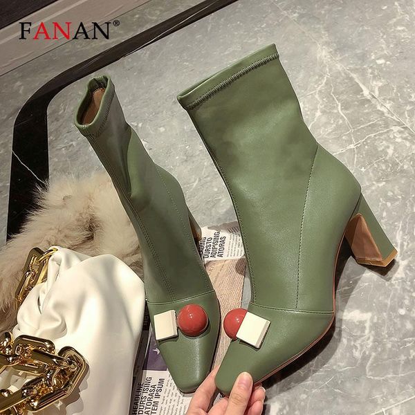 

fanan new stretch socks boots slip on ankle boots spring autumn elegant thick high heels shoes green white female shoes big size, Black