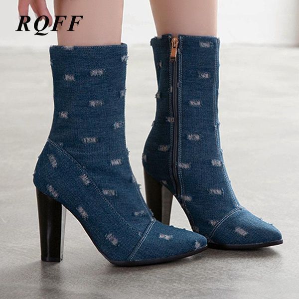 

rqff 2020 new fashion women shoes denim zip ankle boots pointed toe square block thick heels spring autumn boot big size 45 461, Black