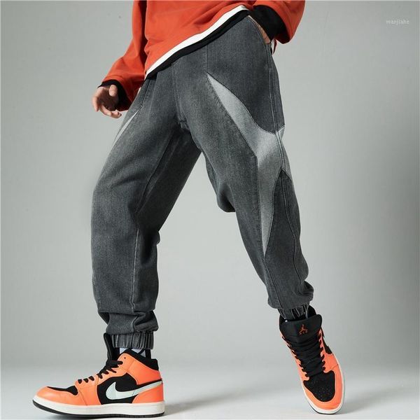 

men's harem jean pants 2021 spring new fashion trousers loose elastic feet pant hip hop streetwear casual spliced track pants1, Black