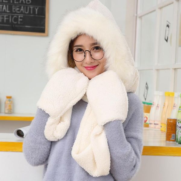 

beanie/skull caps women hat scarf gloves one-piece set, 3-in-1 solid color plush scarfs warm for autumn winter, Blue;gray