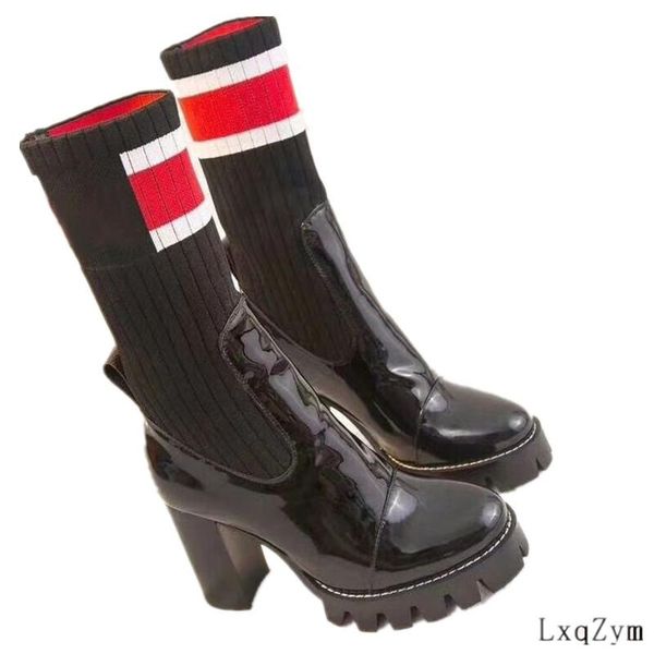 

boots knitted stretch long over the knee female sock thigh high pumps thick platform patent leather brand design 35-40, Black