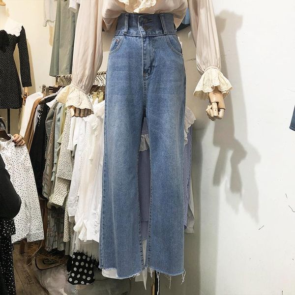 

women's jeans autumn hong kong style high waist children korean version of loose-fitting wide-leg pants students straight, Blue
