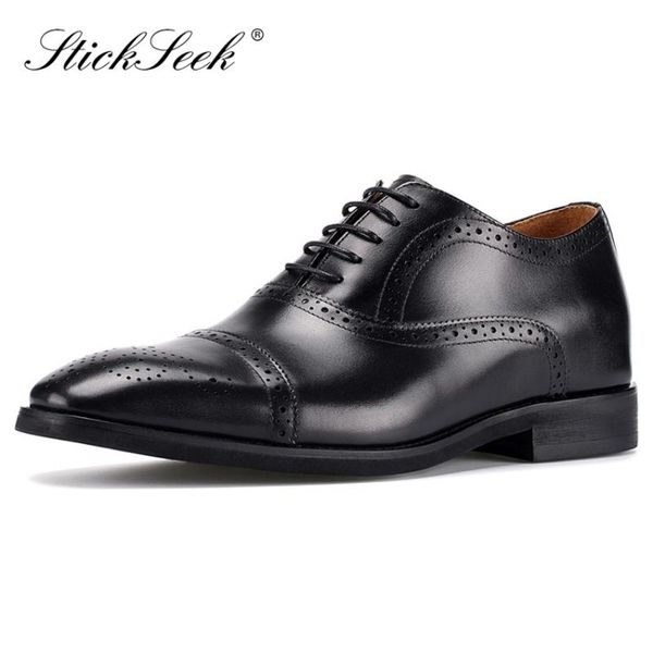 

luxury formal dress high increased 6cm brogues shoes genuine leather pointed toe men's breathable wedding party oxfords mt147, Black
