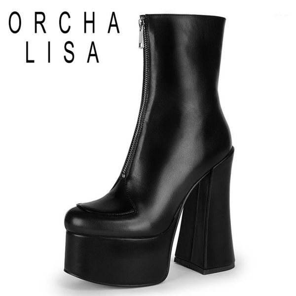 

boots orchalisa ladies ankle 2021 square toe 14cm block high heels platform zip classic stylish big size 42 casual c22881, Black