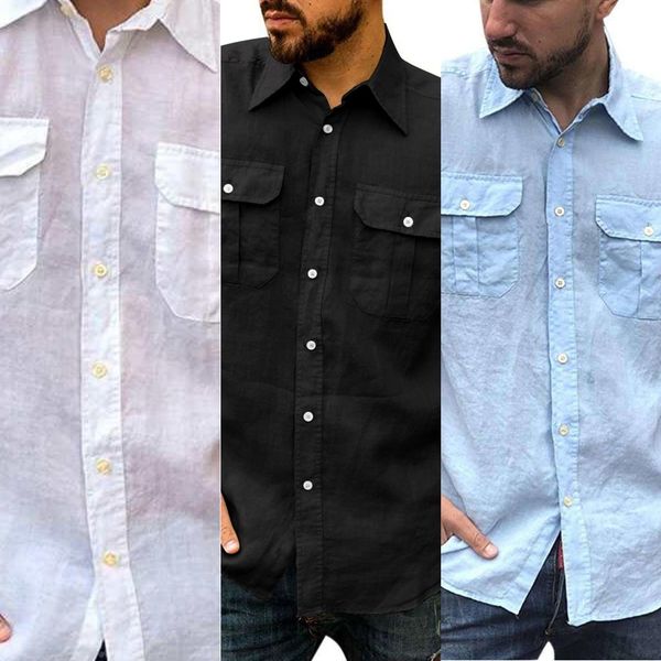 

ew7aw men's casual fashionable and linen shirtshirt single-breasted pocket cotton long-sleeved shirt men's cotton and linen cardig, Blue