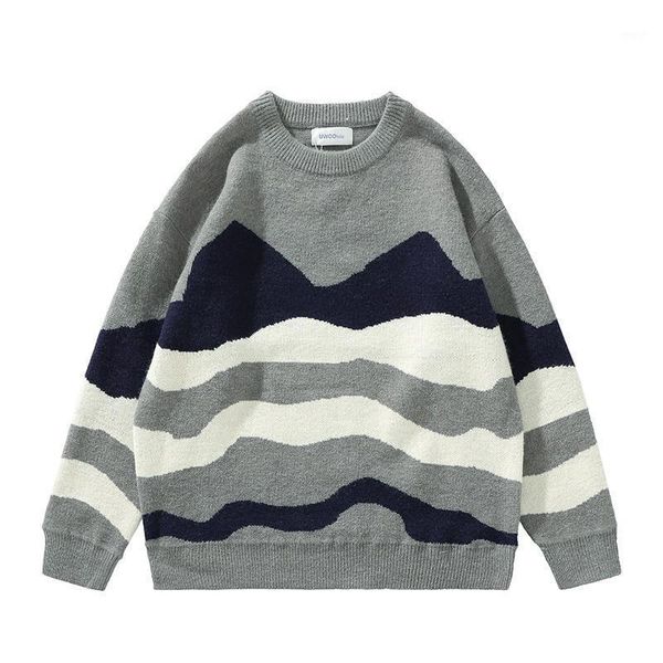 

men's sweaters contrast stripe crew neck sweater for men's wear loose knit pullover1, White;black