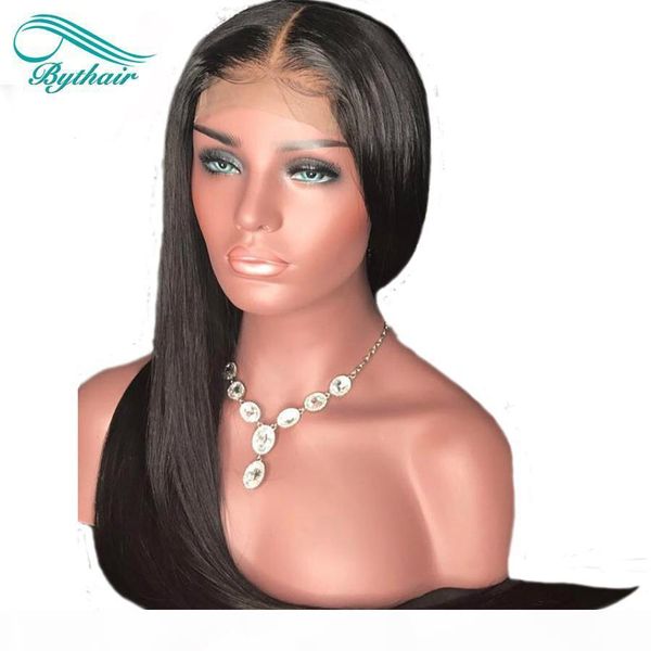 

bythair шелковистая прямая glueless фронта шнурка человеческих волос парики для чернокожих женщин pre щипковых бразильский прямой полный пар, Black;brown