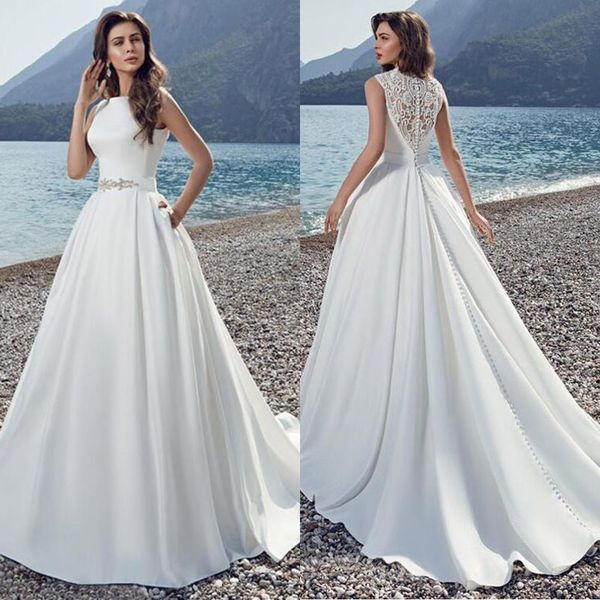 

satin boho wedding dress a-line lace applique beaded belt simple bridal gown with pocket princess wedding gowns vestido de noiva, White
