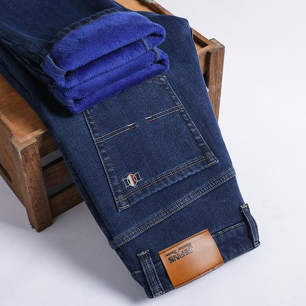 

men's jeans plus size 42 44 46 winter blue fleece thickened warm black denim pants male brand business straight elasticity