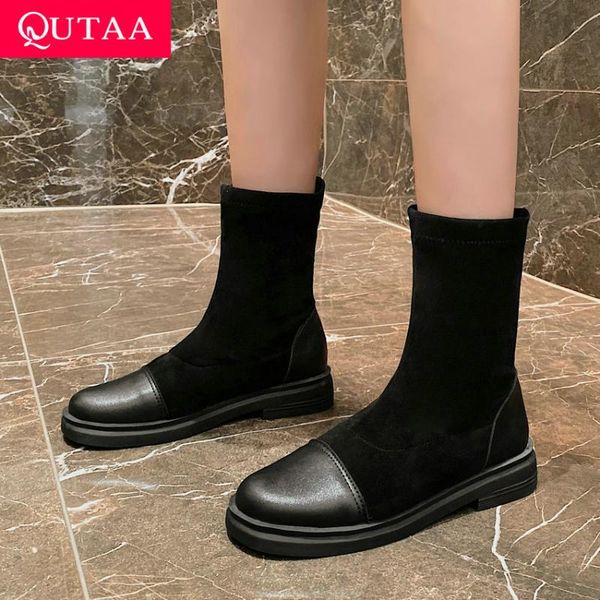 

qutaa 2021 new winter stretch pu flock knee high boots round toe all match women shoes square heel fashion long boots size 34-43, Black