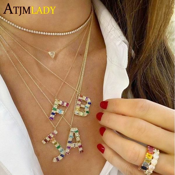 

iced out micro pave cz colorful rainbow baguette necklace for women men hip hop jewelry initial a j charm necklace 201014, Silver