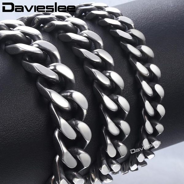 

davieslee 20cm mens bracelet for women curb cuban link chain stainless steel bracelet gunmetal color 8/10/12mm dkbm148, Black