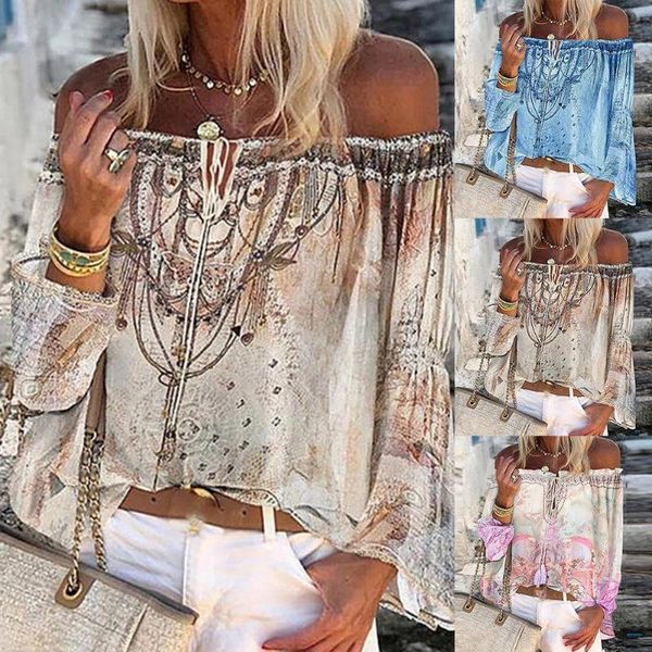 

women's blouses & shirts women long sleeve off shoulder floral print hollow out lace up blouse shirt top, White