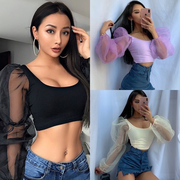 

2020 весной сетка сплайсинга длинного рукава женщины горячего продавать новый u-образный вырез с открытым пупком резины top vest жилет рукав, White