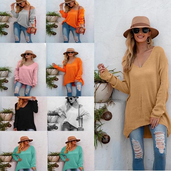 

women long sleeve knitted sweater v-neck irregular hem loose pullover tunic woman luxurys designers clothing, White;black
