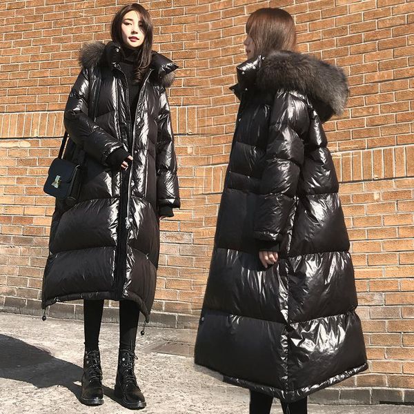 

2019 winter women down coat fashion brand with big fur collar hooded warm down jacket female longer coat, Black