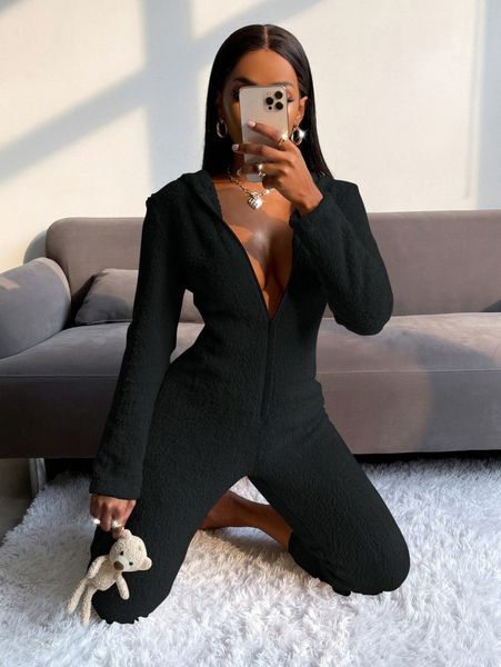 

solid zipper up hooded jumpsuit u4f9#, White