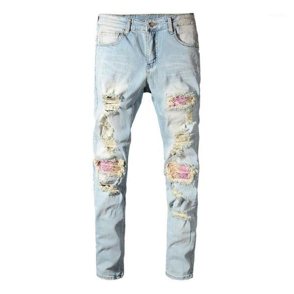 

new men's male man patchwork bandanna paisley printed biker jeans light blue holes ripped skinny stretch denim pants trousers1