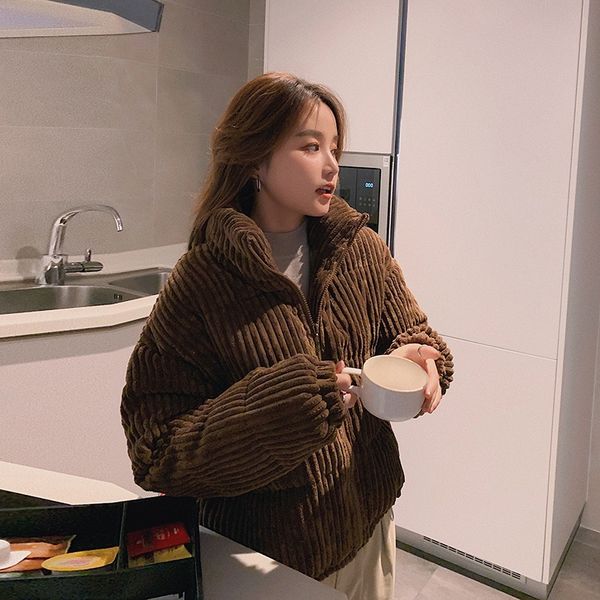 

2020 new winter thick warm parka coat women solid jacket outwear female corduroy cotton padded casual loose black short parkasx1016, Black;brown