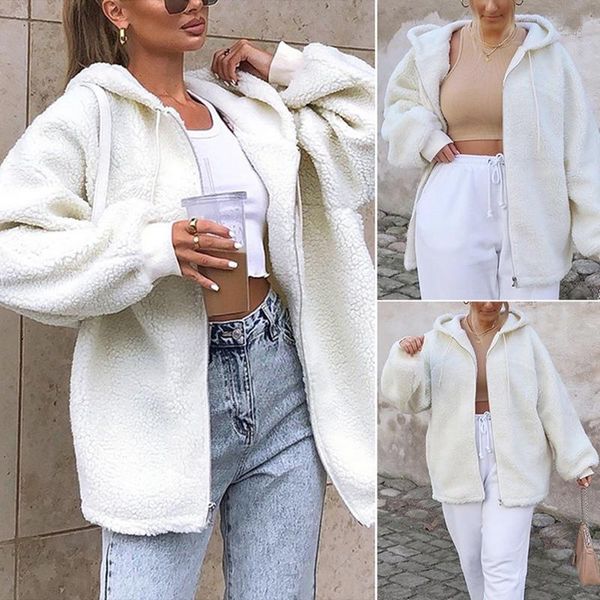 

lambswool teddy faux fur women long jacket thick coats zipper hoodies autumn winter outerwear solid clothes, Black;brown