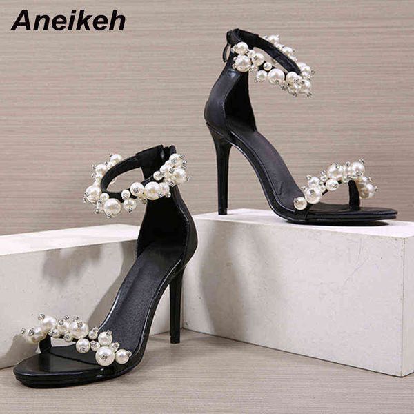 

aneikeh 2022 summer pu women shoes fashion shallow cover heel ankle string bead zipper open toe wedding sandals zapatos de mujer y220225, Black