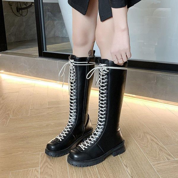 

boots knee high lace up women shoes black platform long winter chunky motorcycle punk botas mujer