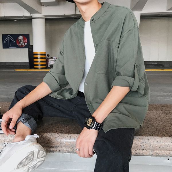 

summer literature and art collar loose roll button half men's thin cotton hemp quarter sleeve shirt fashion, White;black