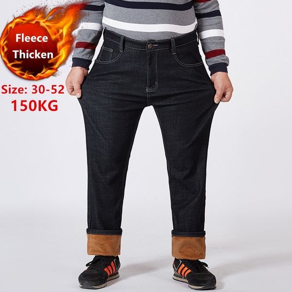 

winter jeans men warm denim plus size 42 46 48 50 52 150kg black pants elastic high waisted men's fleece trousers thicken jean 201111, Blue