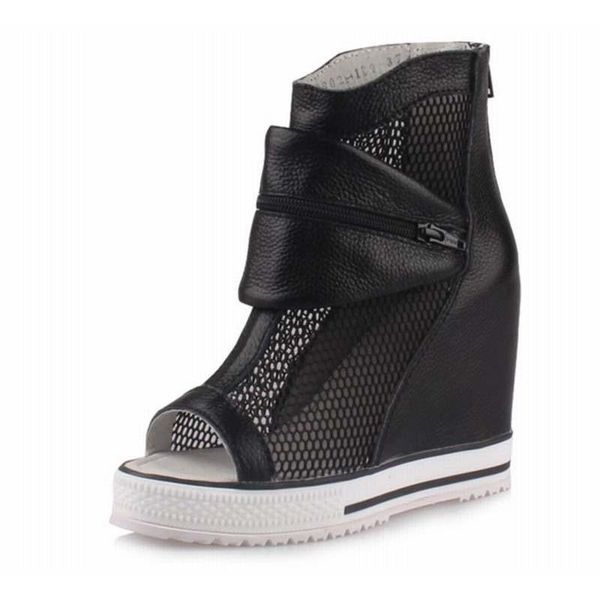 

breathable mesh women sandals open toe ankle boots for women zipper zapatos mujer height increasing thick platfrom ladies shoes, Black