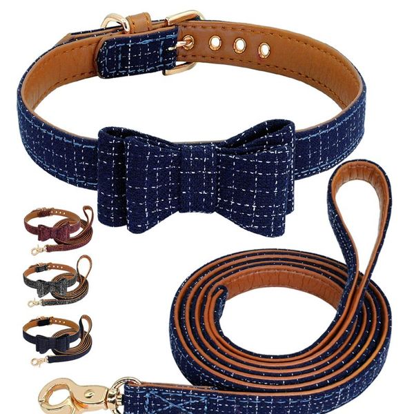 

plaid bowknot dog collar pet puppy cat leather dog collar leash set adjustable for small medium dogs cats chihuahua pu wmtjqi