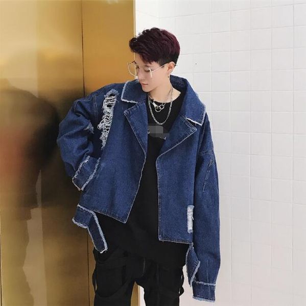 

2021 New Men Baggy Jeans Jacket Couple Personality Unbuttoned Blue Hip Wash Denim Short Jacket. FHC3, Tan;black