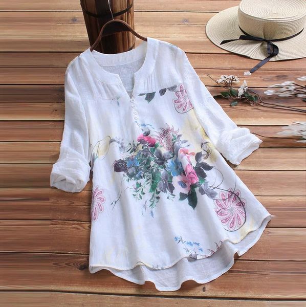 

blouse women vintage v-neck floral printing patch long sleeves shirt dames blouses lange mouwen chemisier femme woman blouse, White