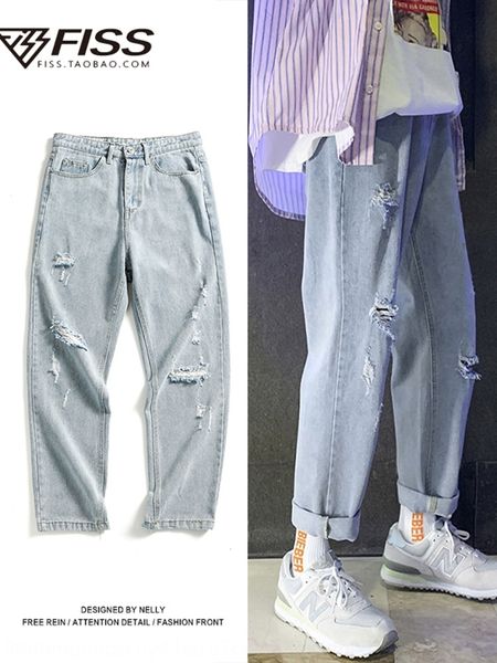 

xphqe korean jeans and jeansswimming trunks jeans kong boy artistic men's light-colored loose ripped pants hong style denim trendy stra, Blue
