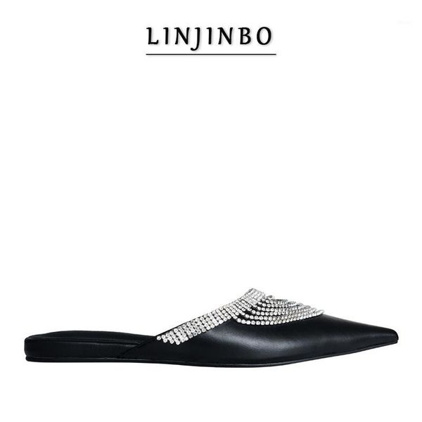 

slippers bright diamond tassel decoration mules women 2021 pointed toe elegant temperament flat shoes autumn1, Black