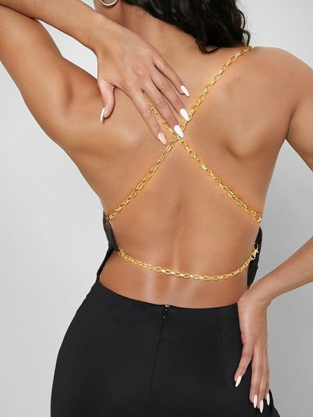 

chain detail open back wide leg halter jumpsuit m4vj#, White