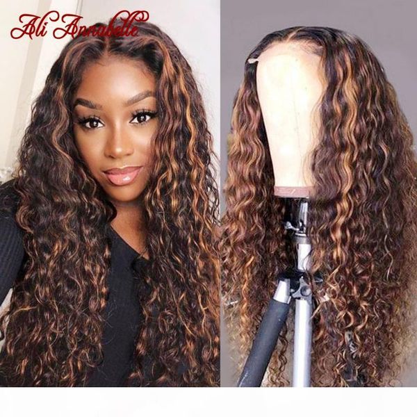 

ali annabelle water wave highlight wigs for women 4x4 lace closure pre plucked brazilian human hair wigs highlight brown front, Black;brown