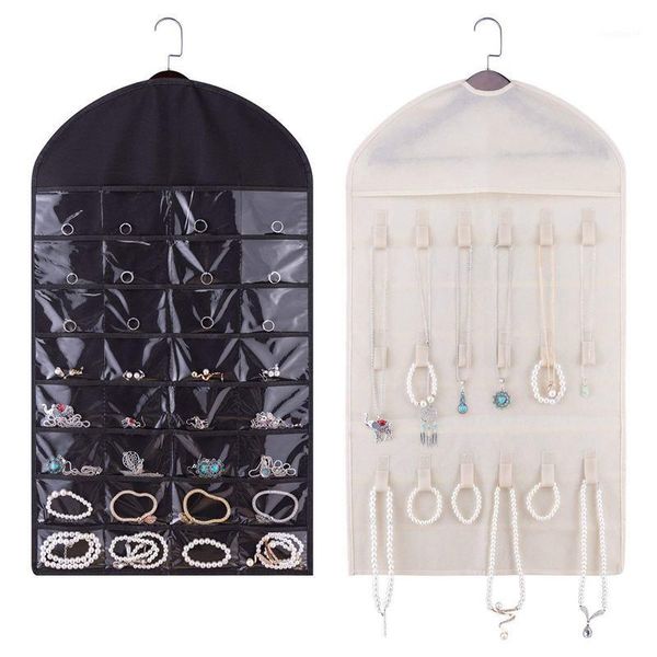 

new hanging jewelry organizer, 2pcs double side 64 pockets 36 magic tape hook for holding jewleries-2 colors black and beige1